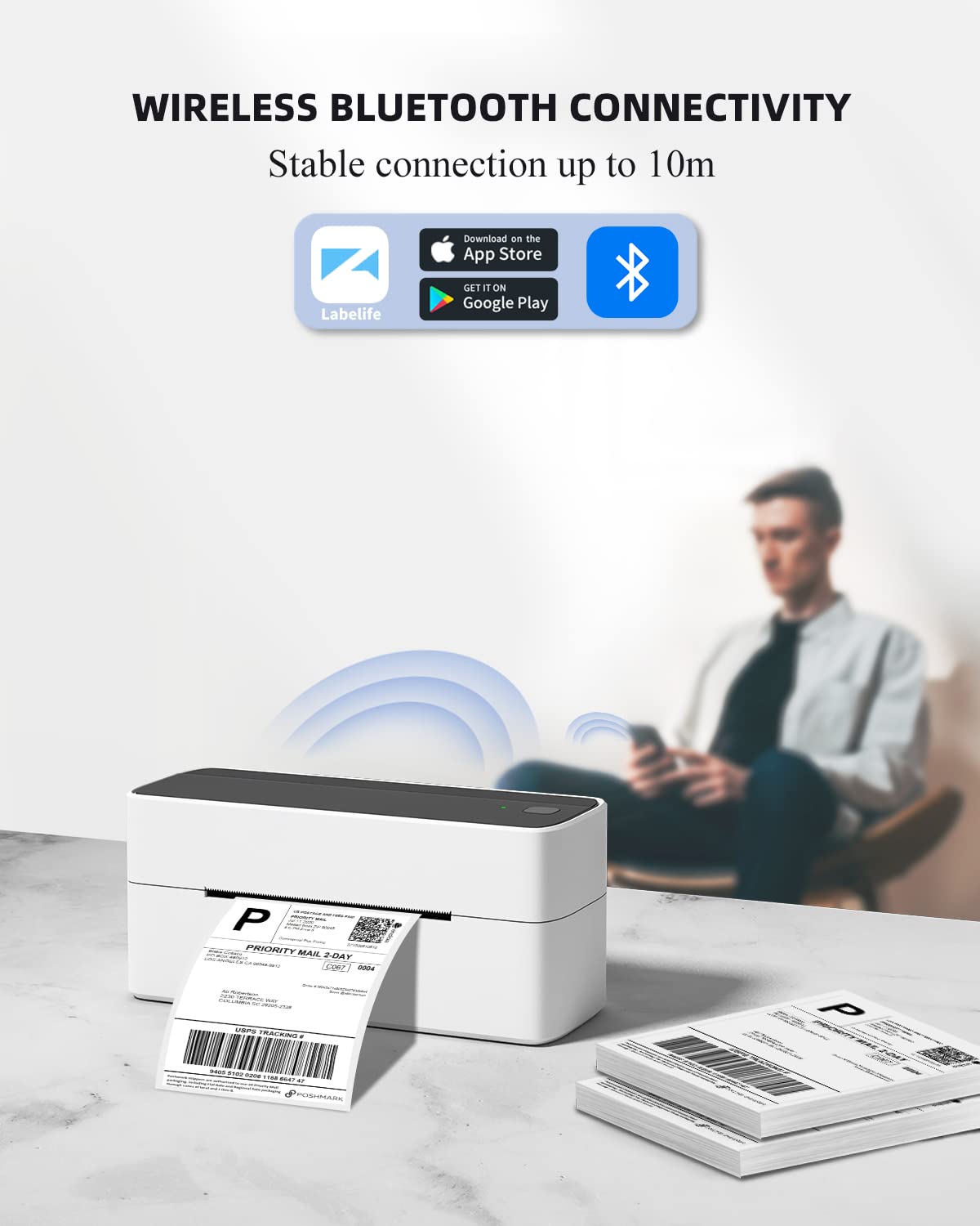 Phomemo Bluetooth Thermal Label Printer for Shipping - Wireless Compatible with iOS&Android&PAD&PC, Widely Used Ebay, Shopify, TikTok, Etsy, USPS, FedEx, DHL, Black-White (241-BT)