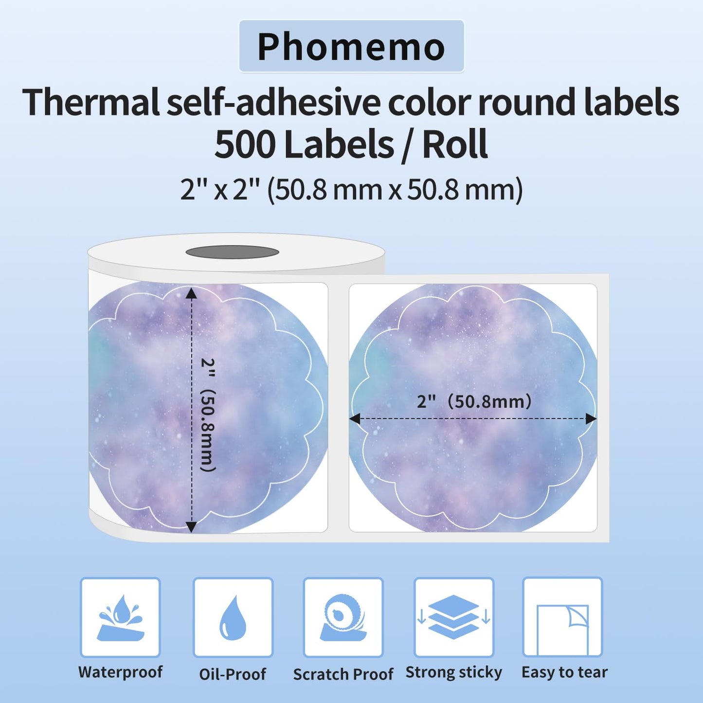 Phomemo Thermische etiketten sterrennacht kleurlabels, multifunctionele zelfklevende etiketten, 50 x 50 mm, gekleurde ronde etiketten, 500 etiketten/rol, sterrennacht-lila etiketten