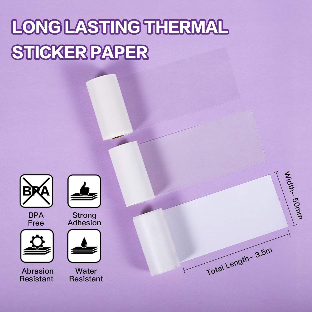 Phomemo Adhesive Thermal Sticker Paper, White/Transparent/Semi-Transparent Thermal Printer, for Phomemo M02/M02 Pro/M02S/M03 Bluetooth Thermal Pocket Printer, 50mm-53mm Width, 2.5m-3.5m Length