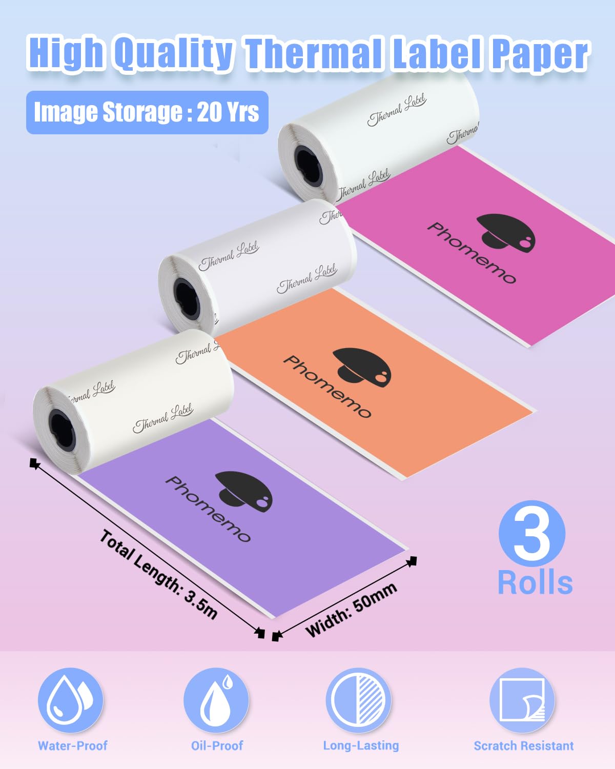 Phomemo Colorful Thermal Sticker Paper, Self-Adhesive Printer Paper Compatible With Phomemo M02/M02S/T02/M832 Thermal Printer, Black on Purpple/Rose/Orange, 3 Rolls, 50mm x 3.5m