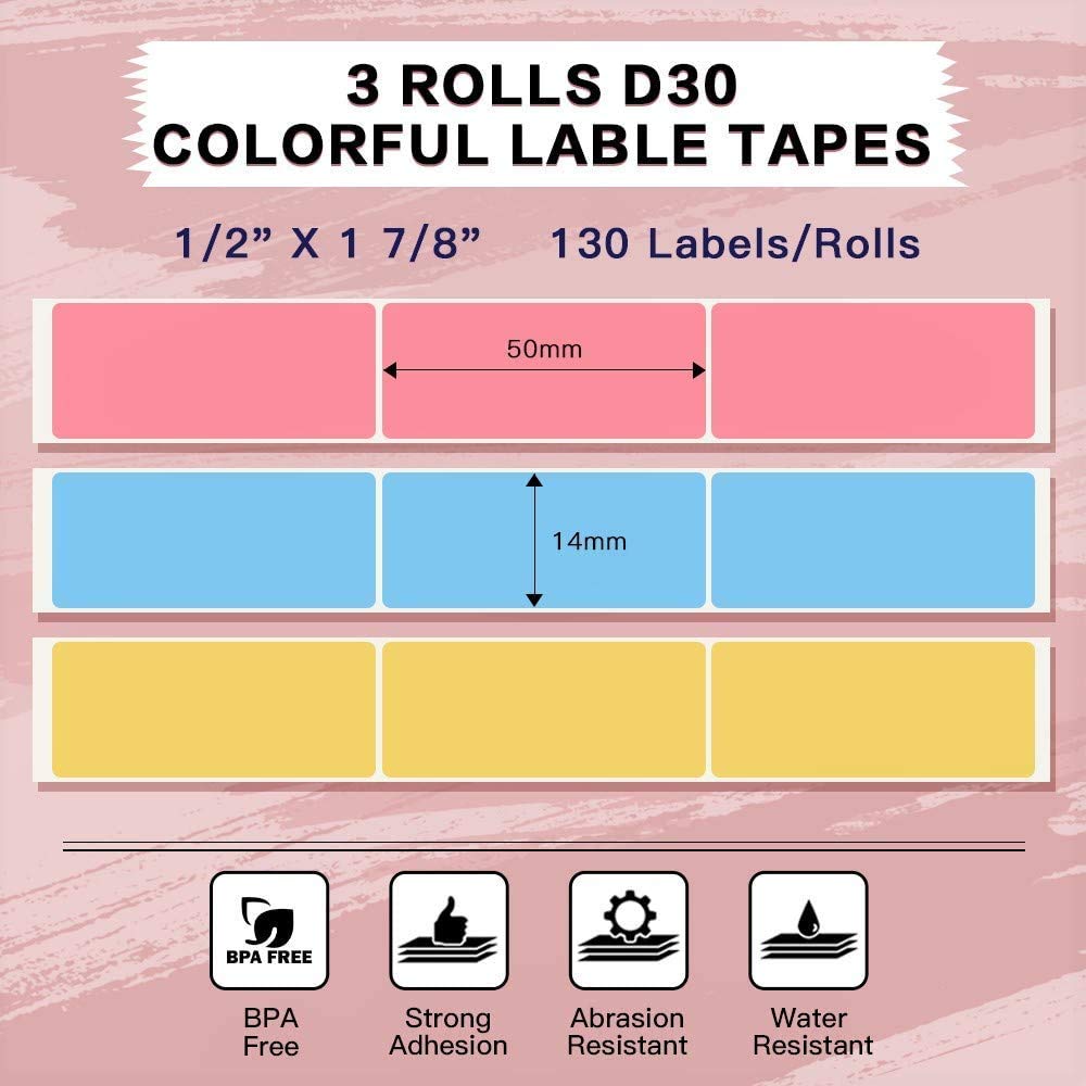 Phomemo 3 rotoli di etichette termiche adesive, 14 mm * 50 mm, compatibile con la stampante di etichette Phomemo D30, per la casa, la scuola, 130 / rotolo, 3 rotoli (blu,polvere,giallo)