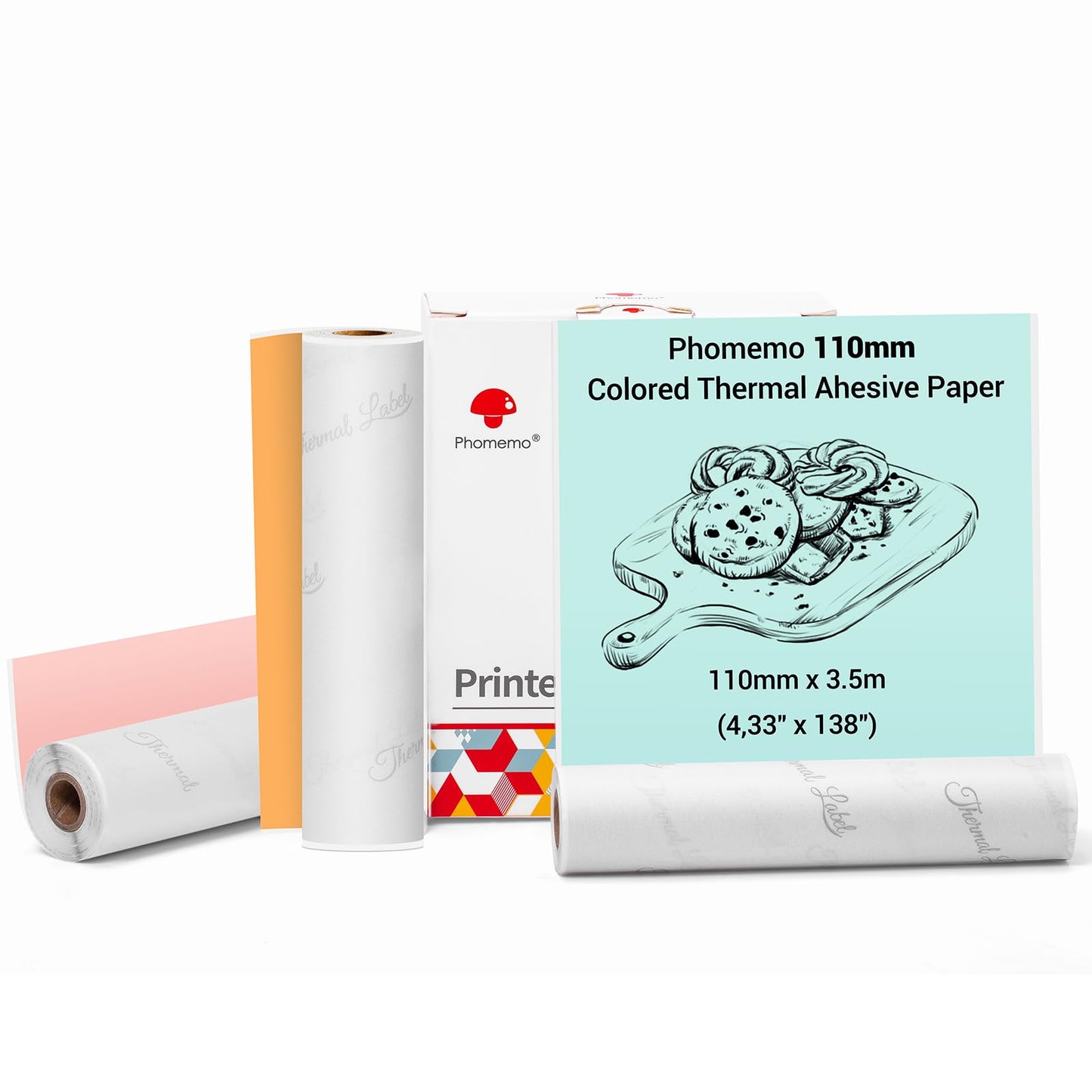 Phomemo 110mm Kolorowy papier do drukarek kieszonkowych M04S/M04AS, 3 rolki samoprzylepnego termicznego kolorowego papieru samoprzylepnego,110mm x 3,5m, 20-letnia gwarancja,Pomarańczowy/Zielony/Różowy