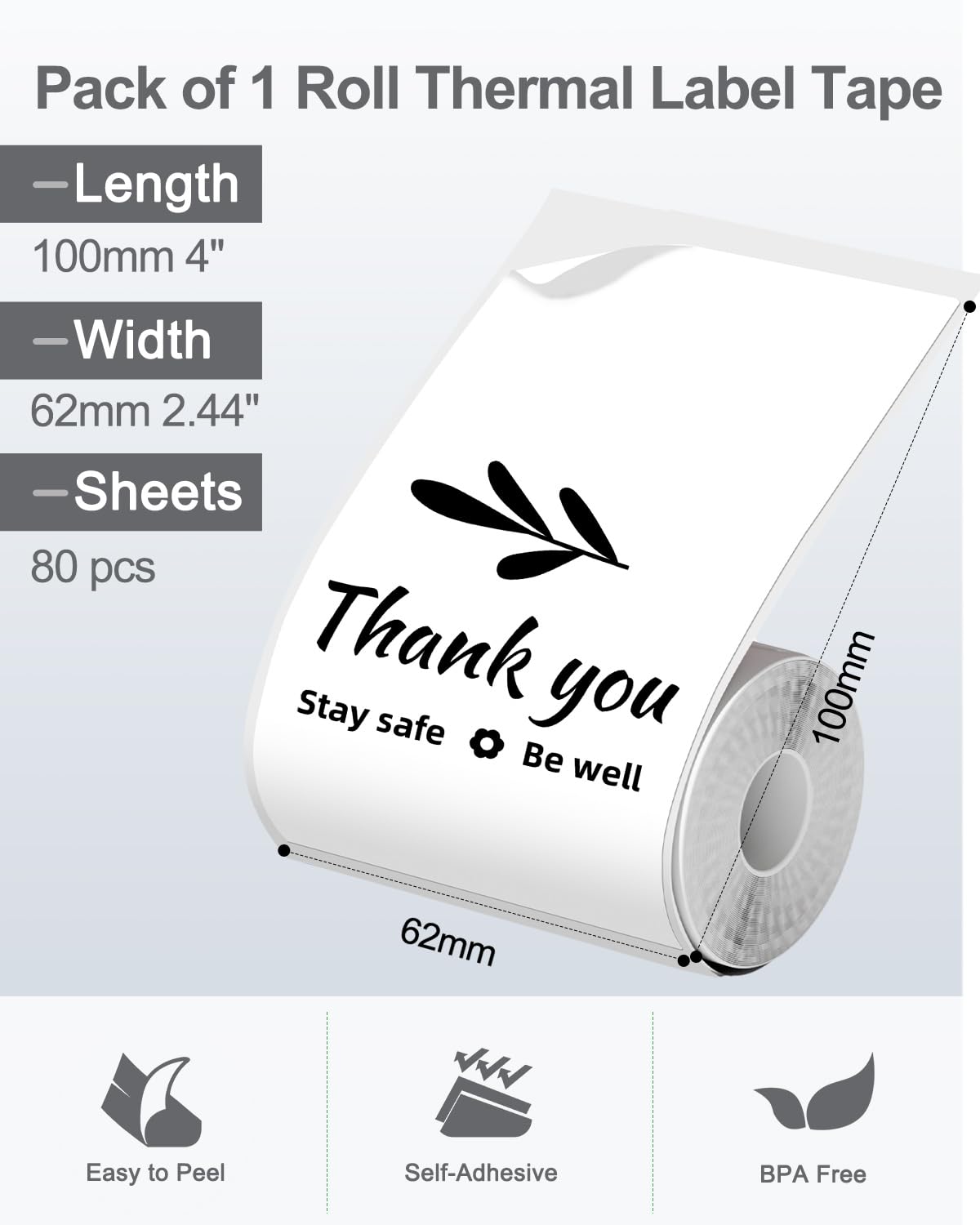 Phomemo Thermo-Etiketten Druckerpapier, Selbstklebende Große Versandetiketten/Namensschilder | 62mmx100mm (2.44'' x 4'') | 80 Etiketten/Rolle Kompatibel mit Phomemo M220/M200/M221 Etikettendrucker