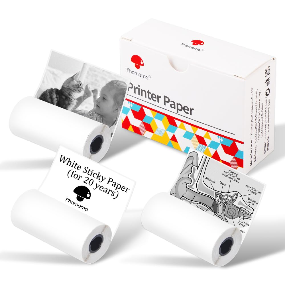 Phomemo Paper - 20 Year White Self Adhesive Paper, M02/M02Pro/M02S/M03/M03AS/M04S/M04AS Mini Sticker Printer Paper, Mini Thermal Pinter Paper, 3 Rolls