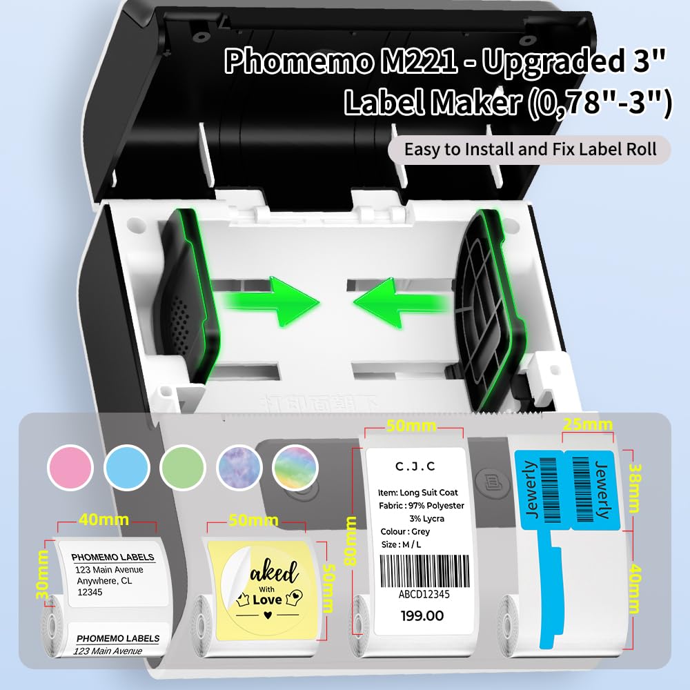 Phomemo Bluetooth Label Printer - M221 Label Maker Machine, Portable Thermal Label Printer, Rechargeable Label Maker Compatible with PC IOS Android,for Address,Barcode,Home,Office,with 3 Rolls Labels