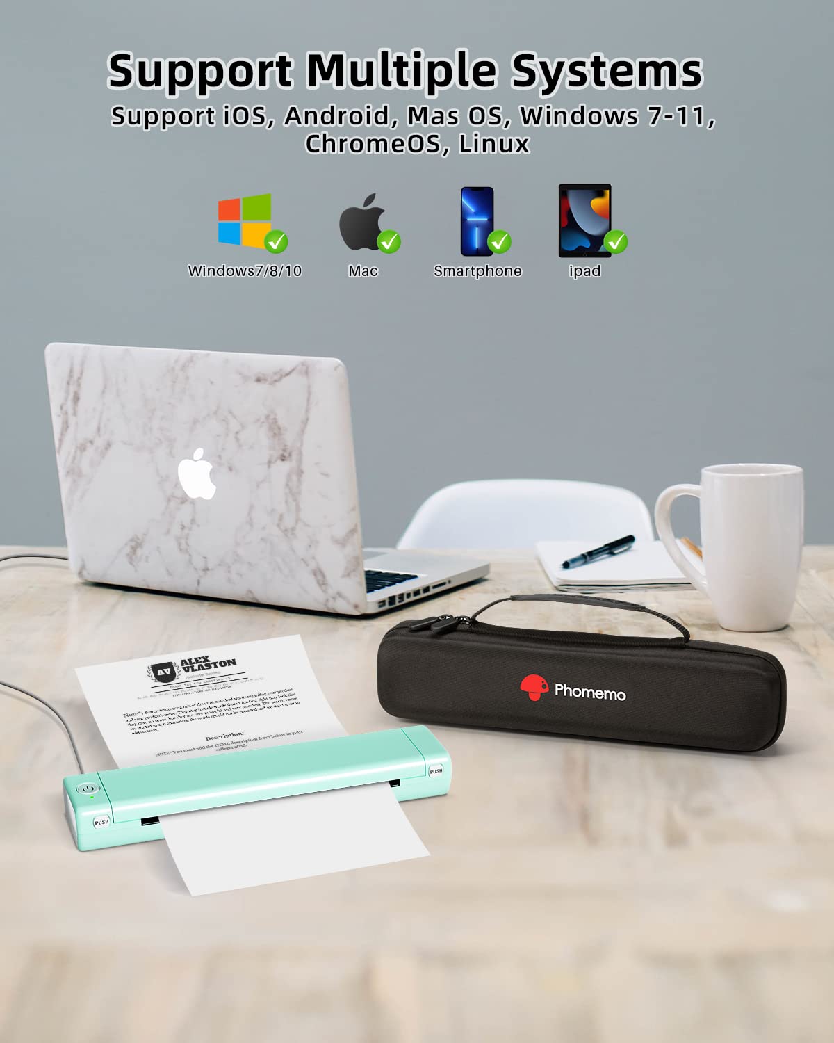 Phomemo Portable Thermal Printer - Portable Printers Wireless for Travel Compatible with iOS and Android, Bluetooth Mobile Printer Support 8.5'' X 11'' Thermal Paper, with 1 Case