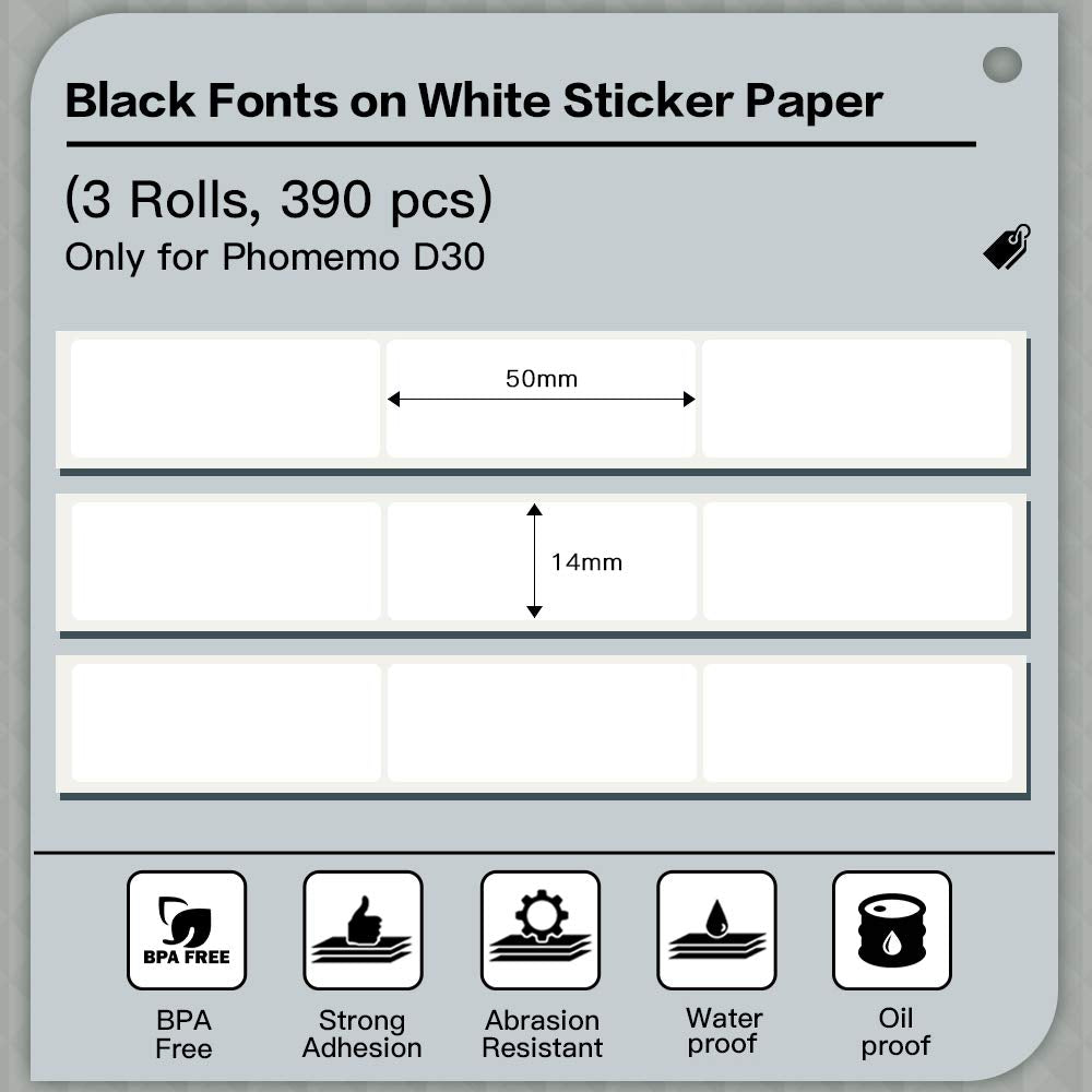 Phomemo D30 D30Pro Papier autocollant autocollant auto-adhésif, blanc, 14x50mm, pour imprimantes portables Bluetooth mobiles, 3 rouleaux