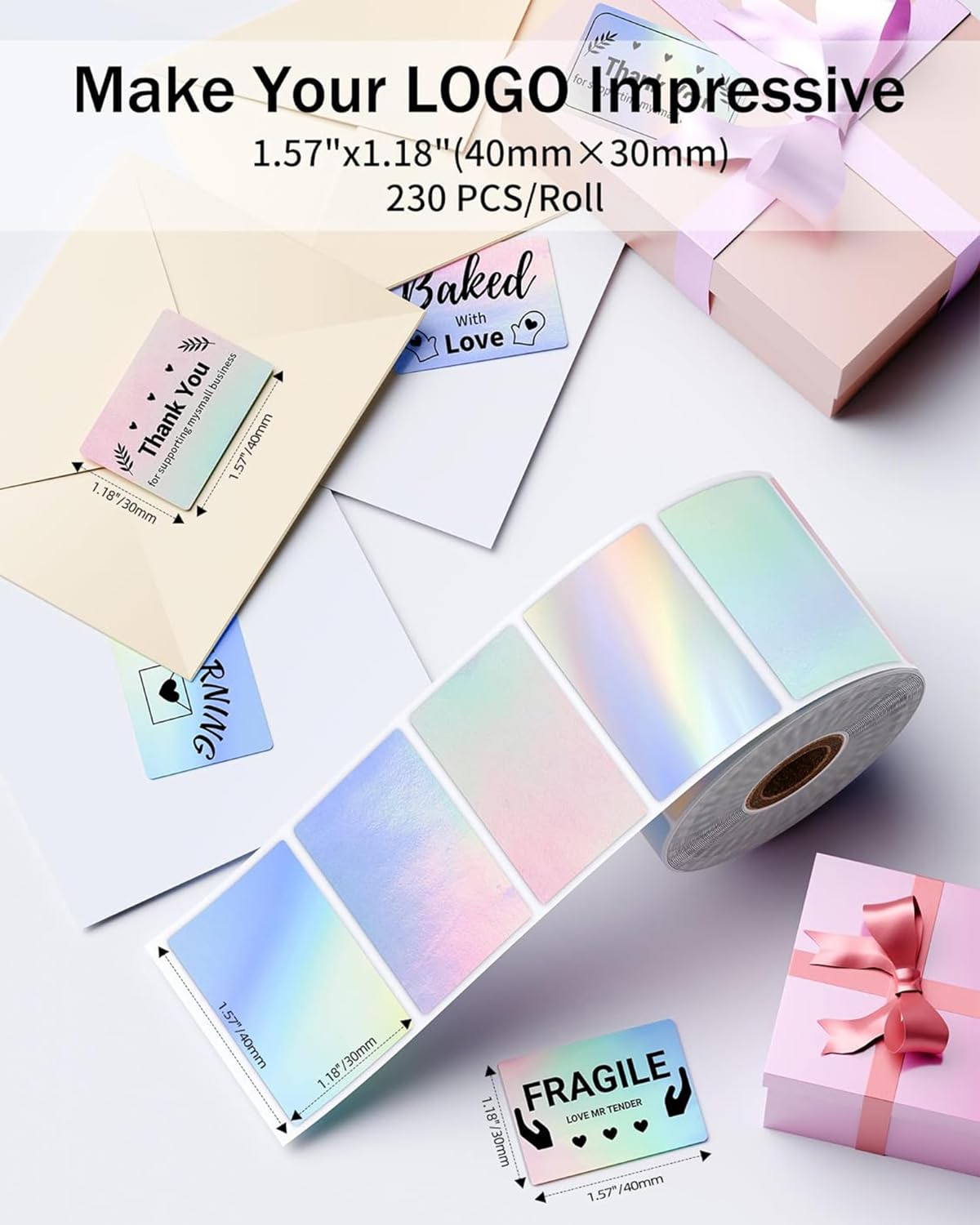 Phomemo-labels - M110 / M120 / M200 / M220 / M221 Thermische labels, zelfklevend thermisch stickerlabel voor prijs, naam, adres, logo, streepjescode, 40 mm x 30 mm, 230 labels / rol, holografisch