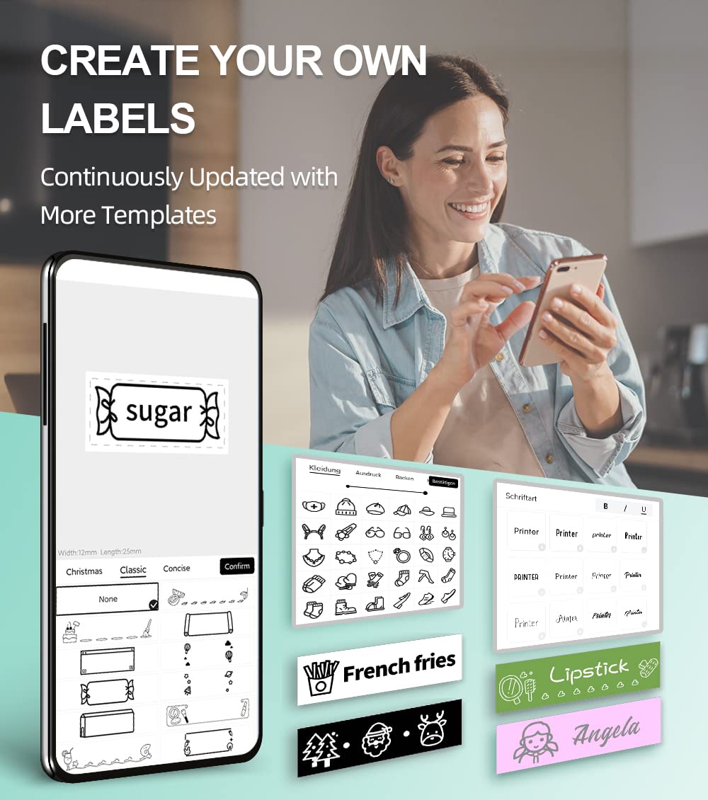 Phomemo P12 Mini Etichettatrice Bluetooth, Stampante Etichette Adesive con nastro, Label Maker che Stampa Etichette Adesive, Etichette per Stoffe e Nastri Satinati per La Casa e Cucina