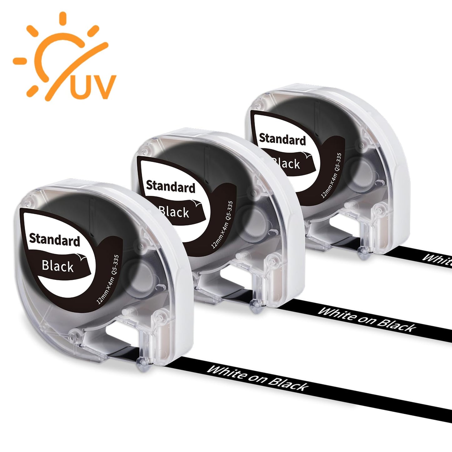 3 x Phomemo P12 & P12-Pro Original Thermal Transfer Labels White on Black, 12mmx4m, Q5-335, Durable, Heat Resistant, Adhesive for Phomemo P12 & P12-Pro Label Printer and Compatible with Dymo LetraTag