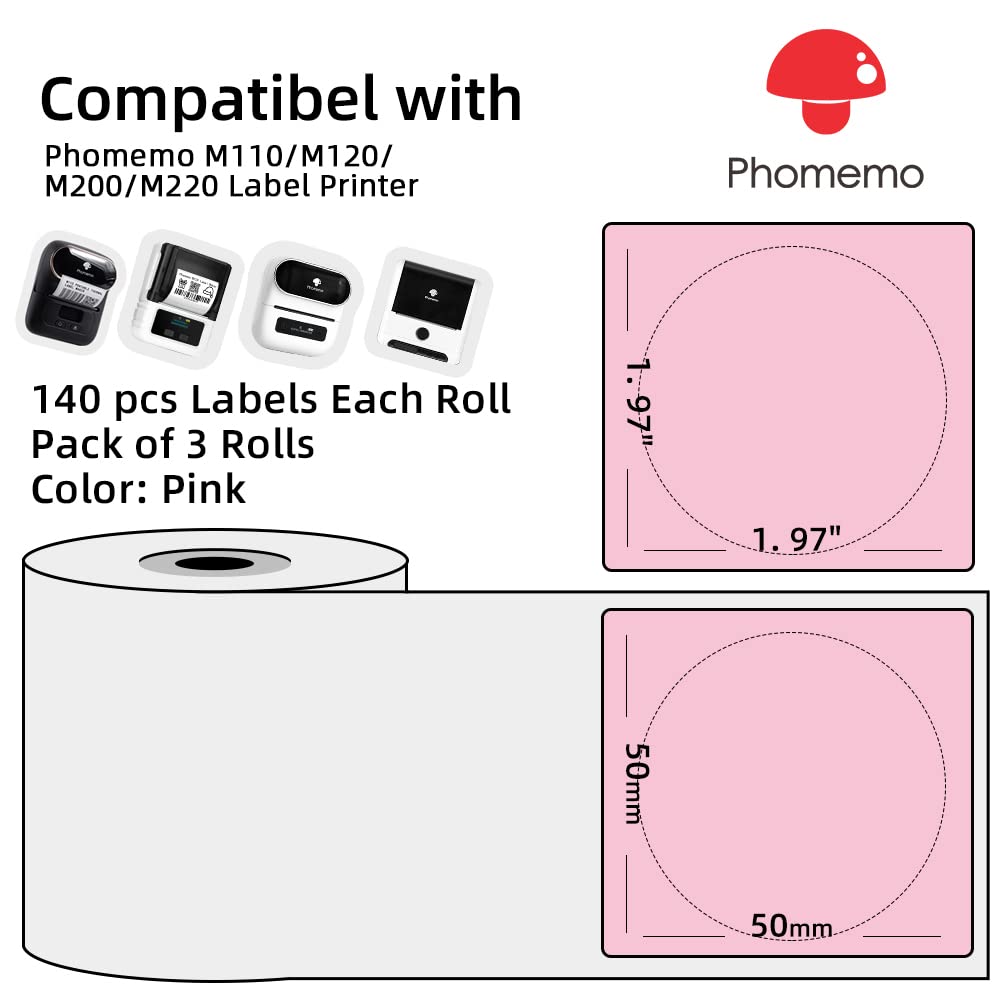 3 rollen van Phomemo Logo Sticker 50x50 mm ronde roze zelfklevende thermische etiketten voor Phomemo M110/M120/M220/M200 labelmaker, gebruikt voor logo afdrukken, huishoudelijke artikelen markering