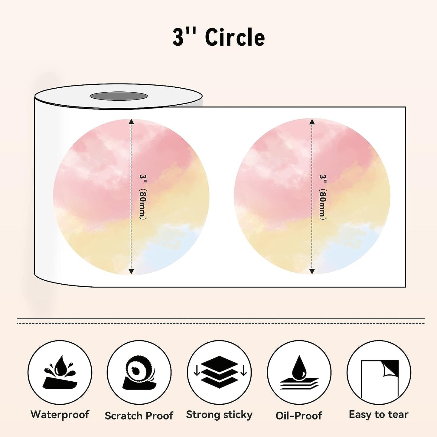 Phomemo Circle Labels- 3'' Thermal Round Gradient Color Label for Barcode Label, DIY Logo Design, Small Business, Compatible with Most of Shipping Label Printers, 500pcs/Roll
