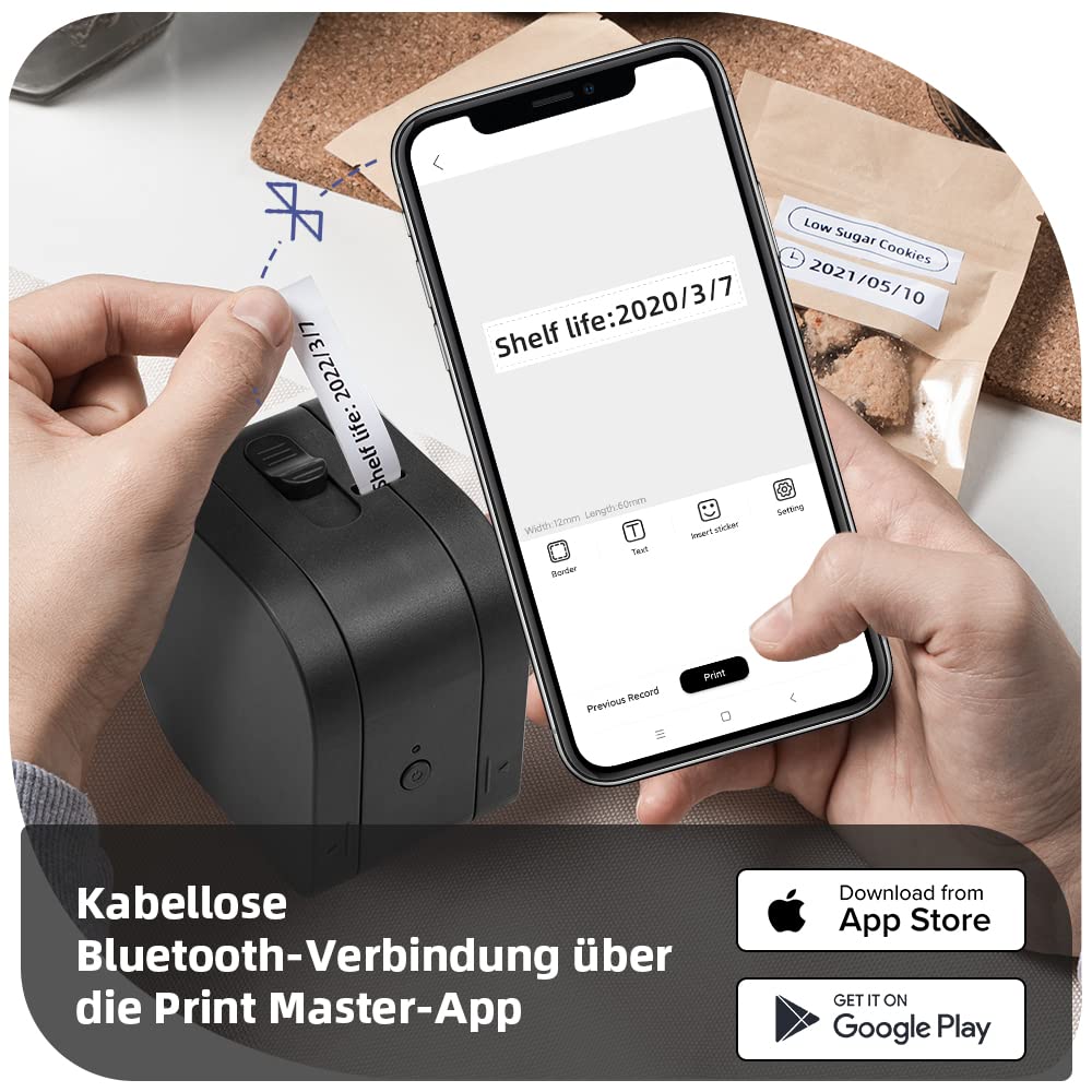 Phomemo P12 Etikettendrucker Bluetooth, Mini labelmaker Beschriftungsgerät selbstklebend, Thermo Etikettiergerät Kompatibel with iOS & Android, labeldrucker für Zuhause und das Büro-Mattschwarz