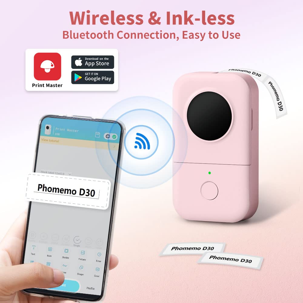 Phomemo D30 Bluetooth Label Printer - Monochrome, Portable, Rechargeable, Compatible with iOS & Android