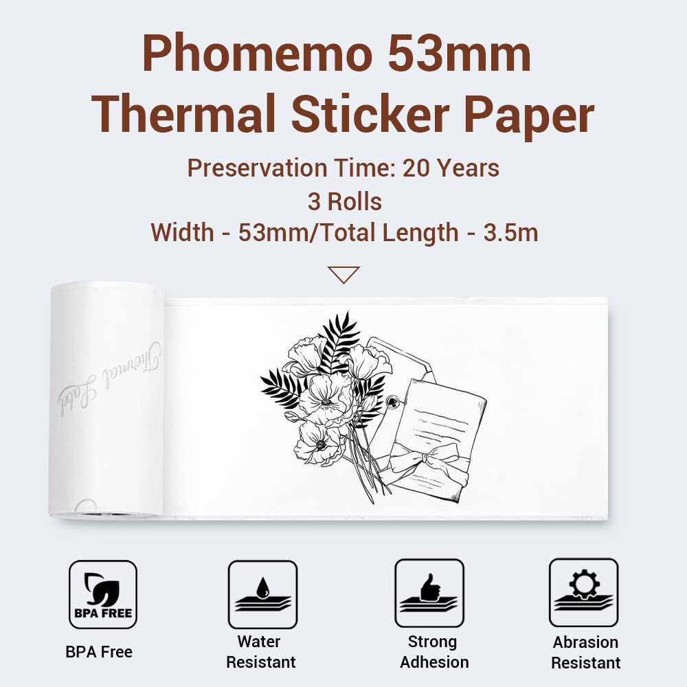 Phomemo Thermisch papier 53 mm voor M02, M02S, M02Pro, M03, M03AS, M04S, M04AS mini-zakprinter, 3 rollen zelfklevend stickerpapier, zwart op wit, 53 mm x 3,5 m, 20 jaar houdbaarheid, 3 rollen