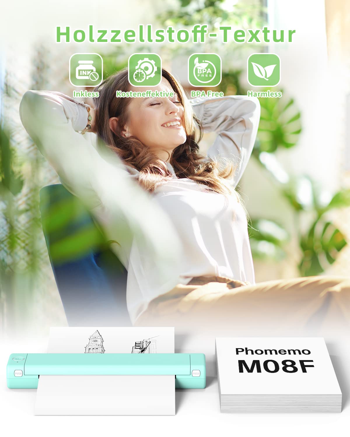 Phomemo Papel Térmico M08F A4 Compatible Con Phomemo M08F M832, Q302, M834, PJ762/PJ763MFi, MT800/MT800Q y Otras Impresoras Portátiles A4, Papel de Impresora M08F M832, 200 hojas