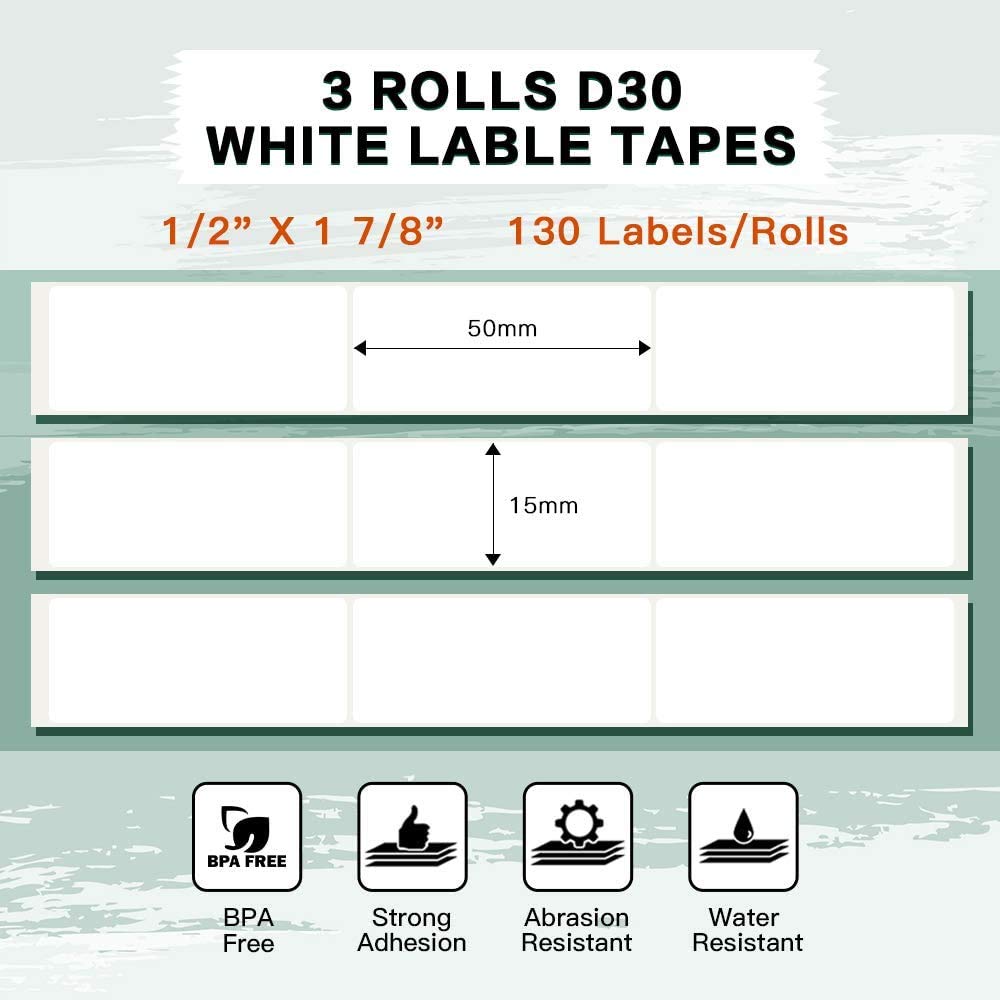 Phomemo D30 Étiquettes autocollantes thermiques, 15 mm*50 mm, compatibles avec l'imprimante d'étiquettes Phomemo D30, 3 rouleaux de 130 étiquettes blanches