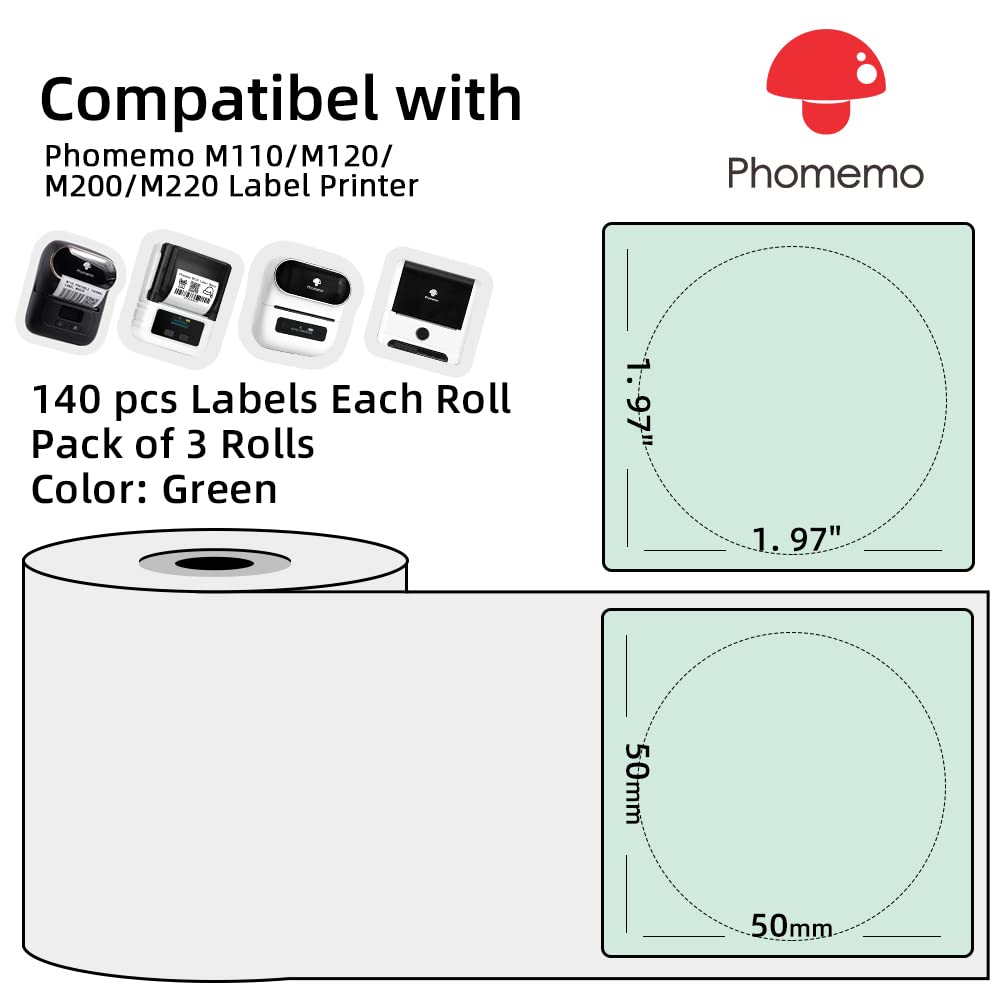 3 rolki naklejek z logo Phomemo 50 x 50 mm, okrągłe, zielone, samoprzylepne etykiety termiczne do Phomemo M110/M120/M220/M220/M200/M221, używane do drukowania logo