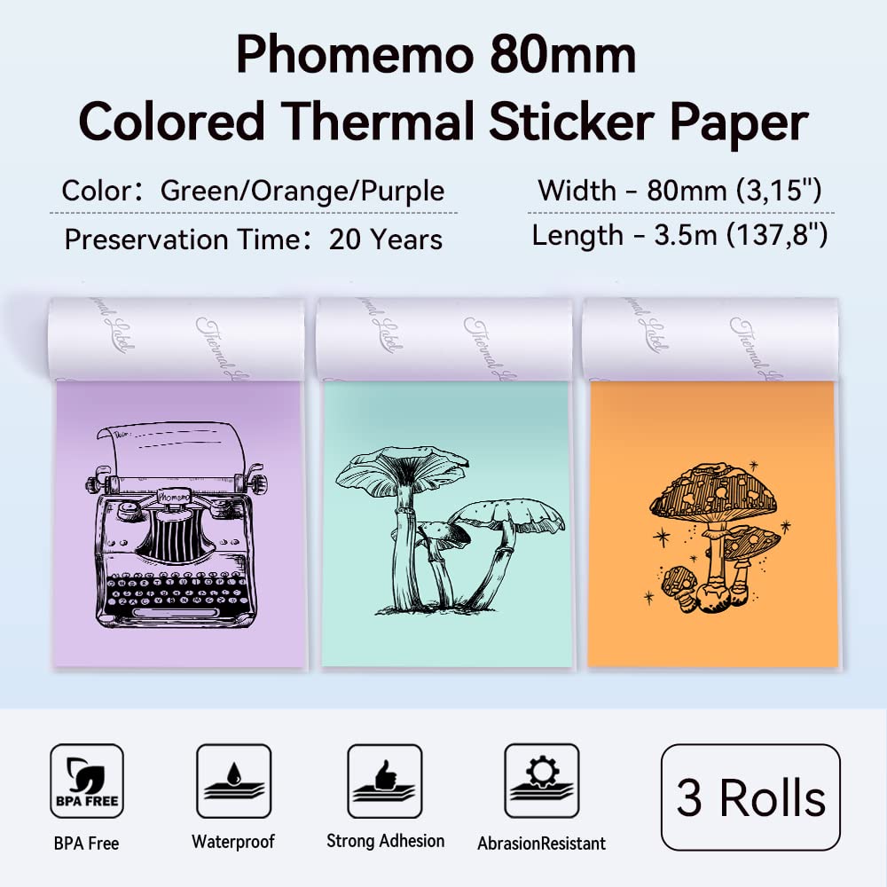 Phomemo 80mm kolorowy papier do drukarki M03, M03AS, M04S, M04AS mini drukarka kieszonkowa, 3 rolki samoprzylepnego papieru kolorowego 80mm x 3,5m, 20 lat konserwacji, liliowy/zielony/pomarańczowy