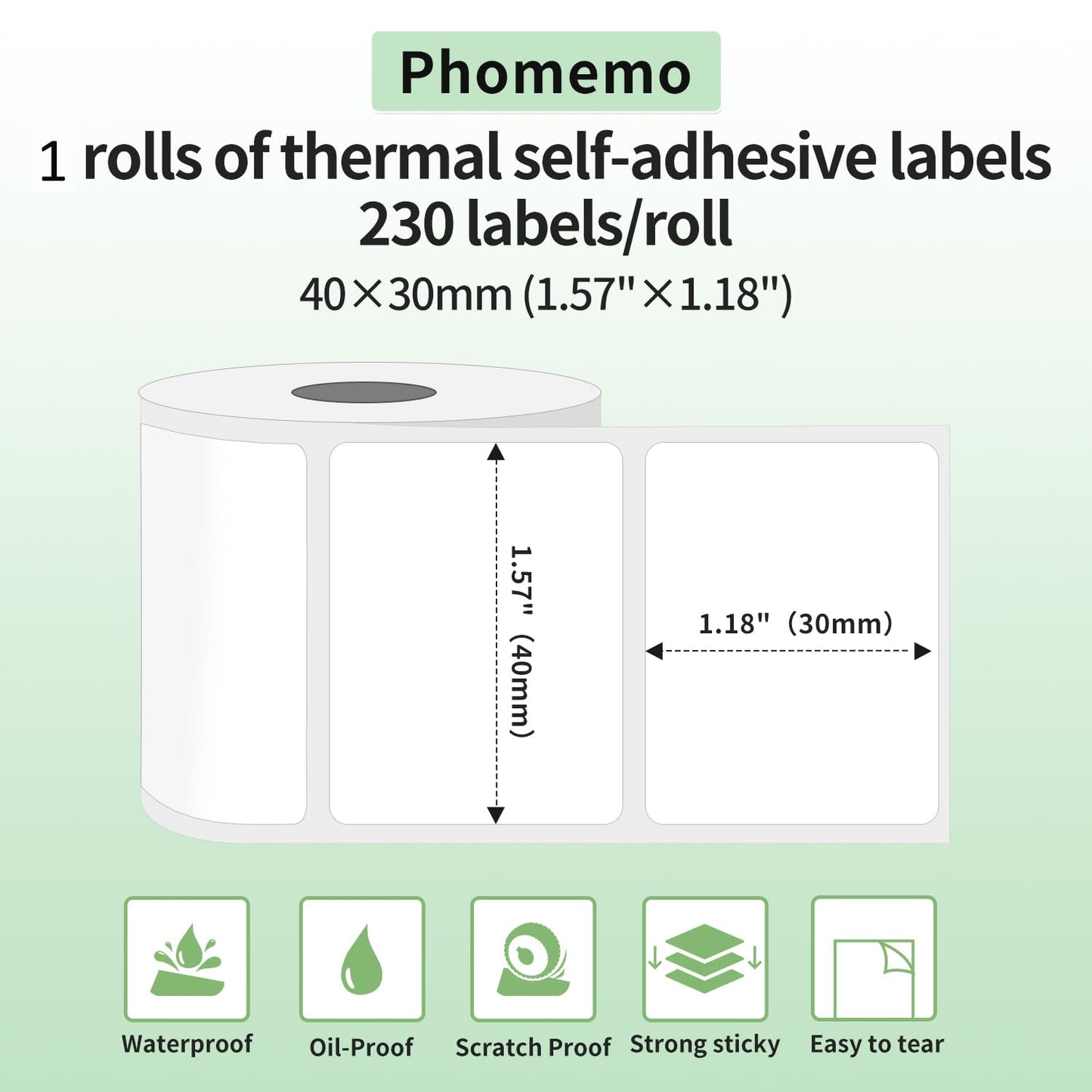 Multi-Purpose Square Self-Adhesive Label for Phomemo M110/M221/M220/M120/M200/M110S,1.57''x1.18''(40x30mm),230 Labels/Roll, Black on White