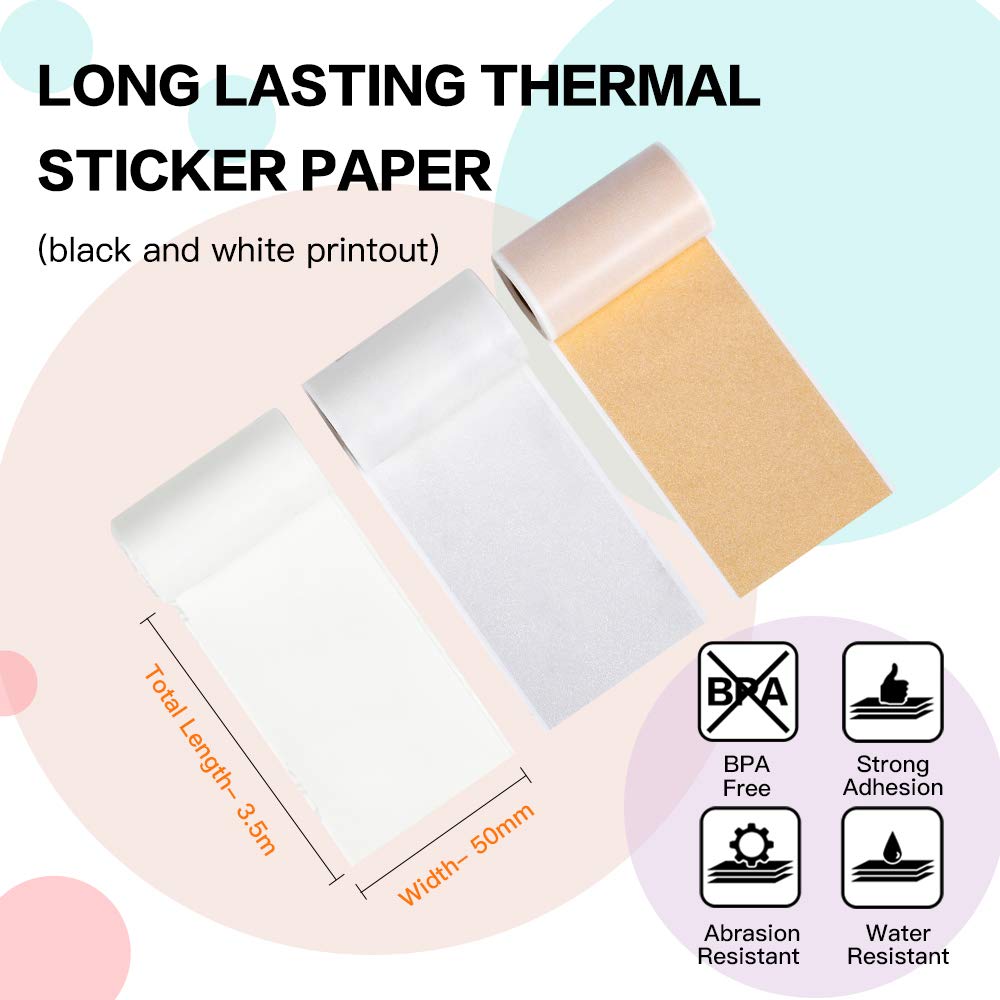 Phomemo Adhesive Thermal Sticker Paper,White/Gold Glitter/Silver Glitter Thermal Paper,for Phomemo M02/T02/M02 Pro/M02S/M03/M03AS/M04S Thermal Pocket Printer/Receipt Printer, 50mm-53mm Width