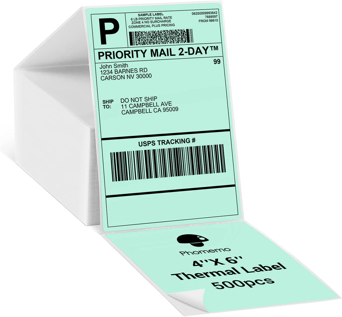 Phomemo 10x15 cm (4x6'') thermische printerlabel, thermisch direct verzendlabel, verpakkingslabel, compatibel met Rollo Dymo Phomemo en andere 4x6'' labelprinters, 500 4x6'' fanfold labels, groen