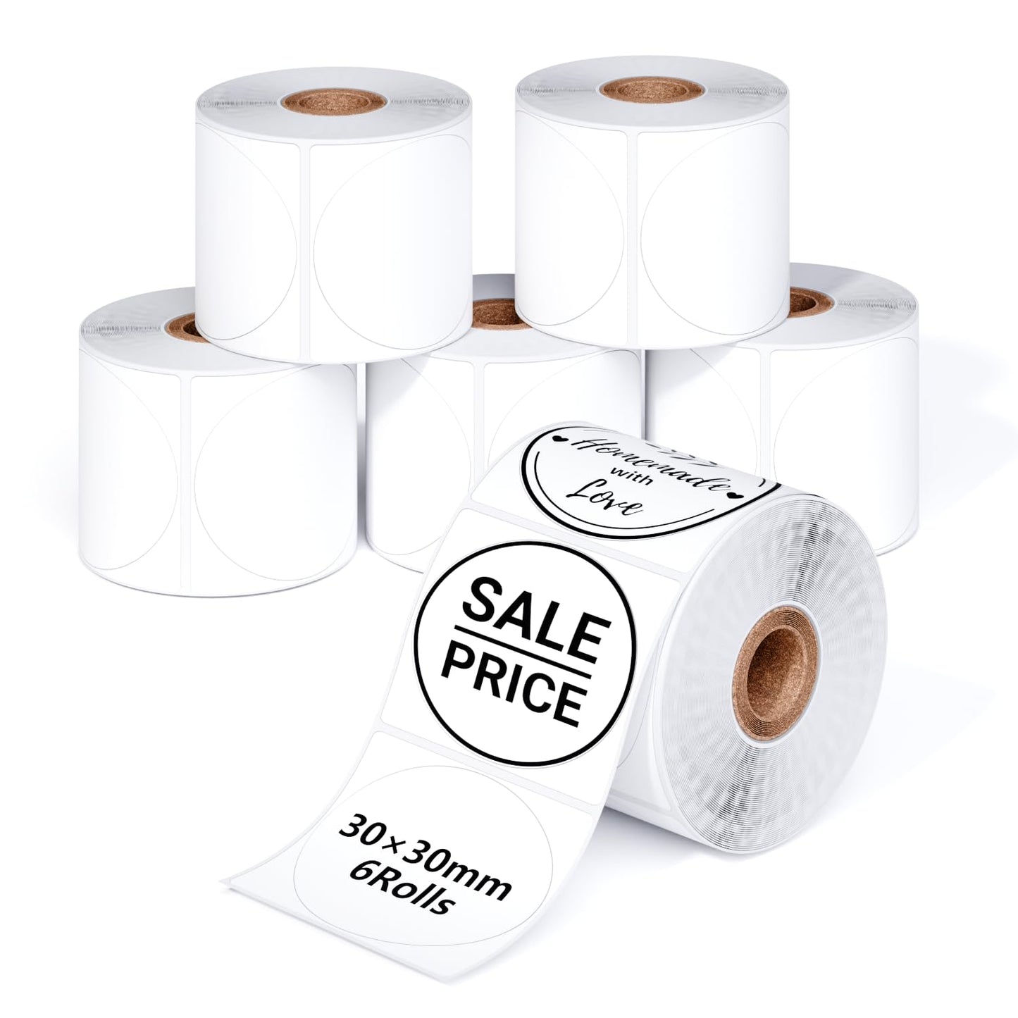 Phomemo 6 Rotoli Etichette rotonde Compatibile con le stampanti Phomemo M110 M120 M220 M221 M200 6 rotoli 1.18''x1.18'' (30x30mm) Etichette termiche autoadesive multifunzionali,200 etichette/rotolo
