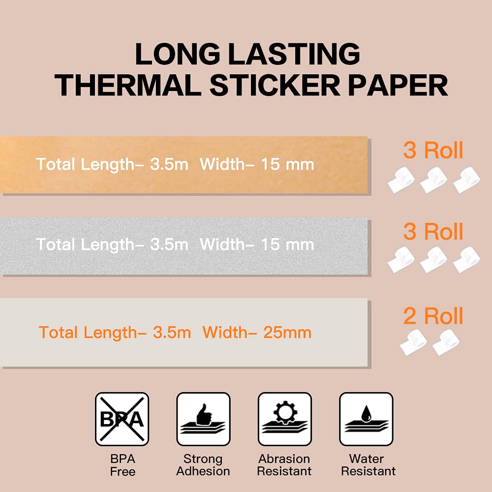 Phomemo self-Adhesive Thermal Sticker,Transparent/Gold Glitter/Silver Glitter Sticker Paper,for Phomemo M02S / M02 Pro Mini Bluetooth Thermal Pocket Printer,15mm/25mm x 3.5m,Total 8 - Roll