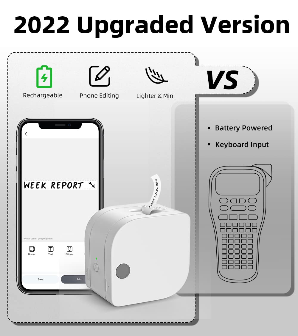 Phomemo P12-Pro Mini drukarka etykietująca z Bluetooth, ładowanie przez USB, drukarka etykiet do domu, biura i małych firm, bezprzewodowa drukarka etykiet do telefonów z systemem iOS i Android..