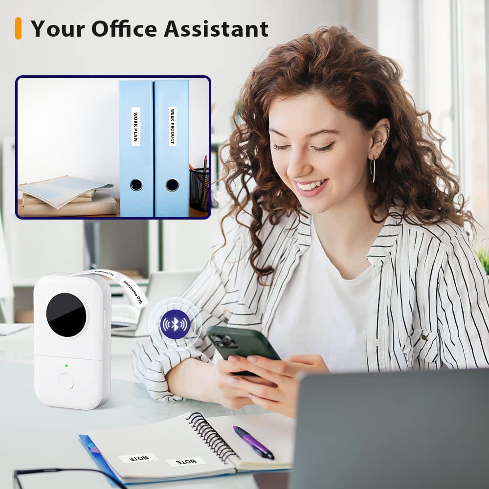 Phomemo D30 Imprimante d'étiquettes,imprimante d'étiquettes Thermiques Bluetooth Étiqueteuse,Coffret Cadeau avec 5 Rouleaux de Papier pour étiquettes,utilisées dans Cuisine,école,Bureau,Maison,Blanc