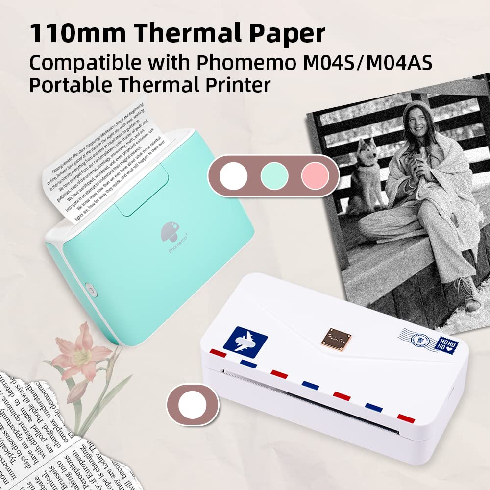Phomemo 110mm nicht klebendes weißes Thermopapier für M04S/M04AS/M832/M833/M834 Drucker, 110mm x 6.5m, 10 Jahre Konservierung,Schwarz auf Weiß, für Aufkleber,Tagebuch,Texte, Studiennotizen, 3 Rollen