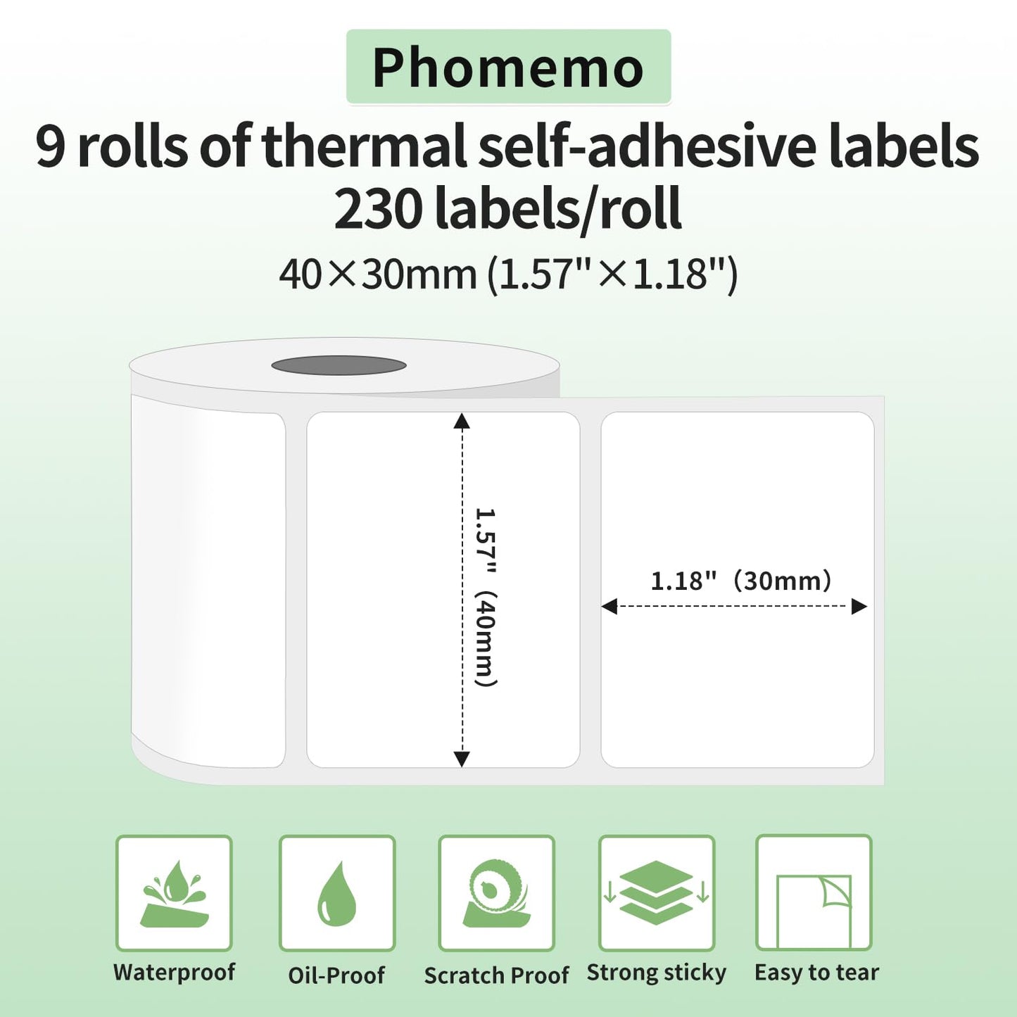 Phomemo 9 Rouleaux Etiquettes M110 Etiquettes Autocollante Multifonction pour étiquettes thermiques,1,57''x1,18'' (40x30mm),adapté à Étiqueteuses Phomemo M110 M200 M120 M220 M221,230 étiquettes/Rouleau
