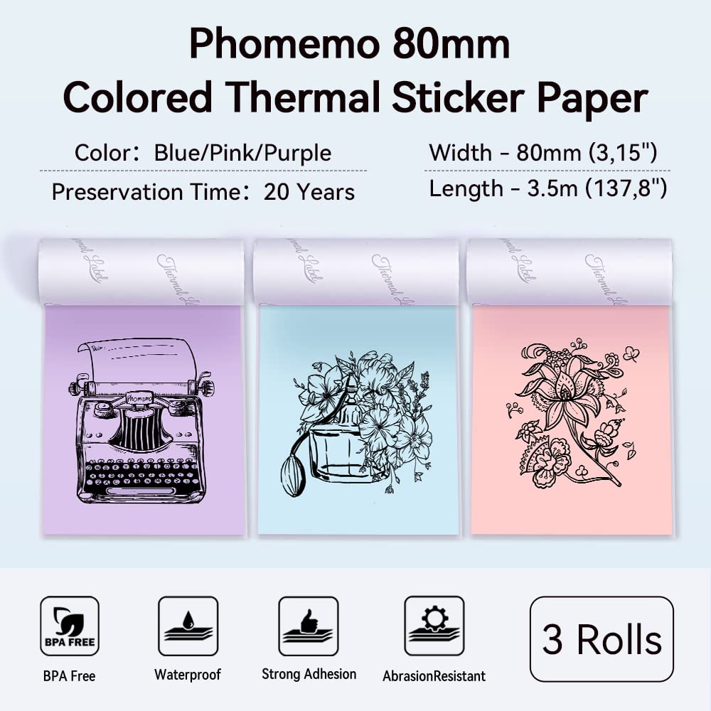 Phomemo 80mm kolorowy papier do drukarki M03/M03AS/M04S/M04AS mini drukarka kieszonkowa, 3 rolki samoprzylepnego papieru kolorowego 80mm x 3,5 m, 20 lat konserwacji, Niebieski/Fioletowy/Różowy