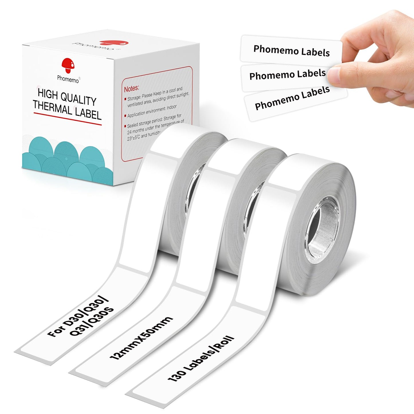 Phomemo 3 rotoli di etichette termiche adesive , 12 mm * 50 mm, compatibile con stampante di etichette Phomemo D30, per casa, scuola, 130 pezzi/rotolo, 3 rotoli (etichetta bianca)