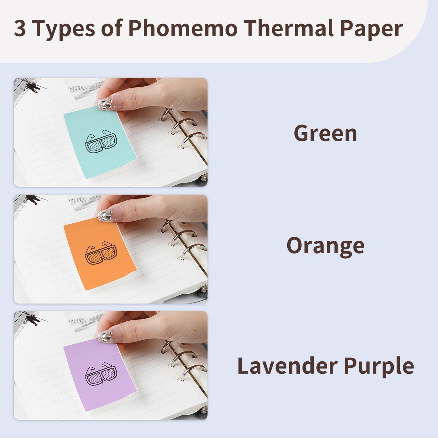 Phomemo 80mm kolorowy papier do drukarki M03, M03AS, M04S, M04AS mini drukarka kieszonkowa, 3 rolki samoprzylepnego papieru kolorowego 80mm x 3,5m, 20 lat konserwacji, liliowy/zielony/pomarańczowy