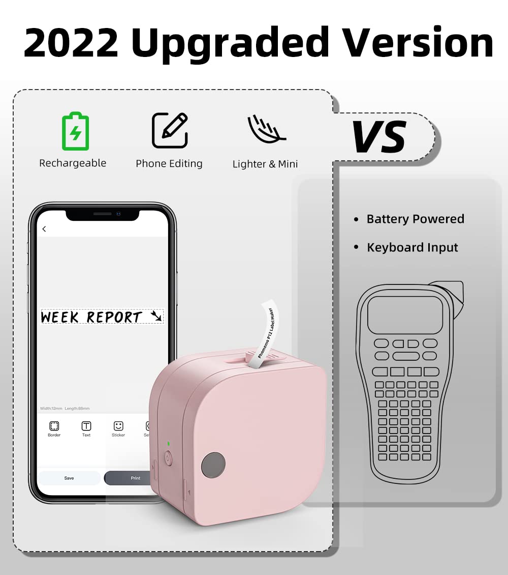 Phomemo P12-Pro Mini Bluetooth Etikettiergerät, USB aufladbares Thermo-Beschriftungsgerät Selbstklebend, Etikettendrucker für Büro, Zuhause, Wireless Labeldrucker für iOS & Android-Rosa