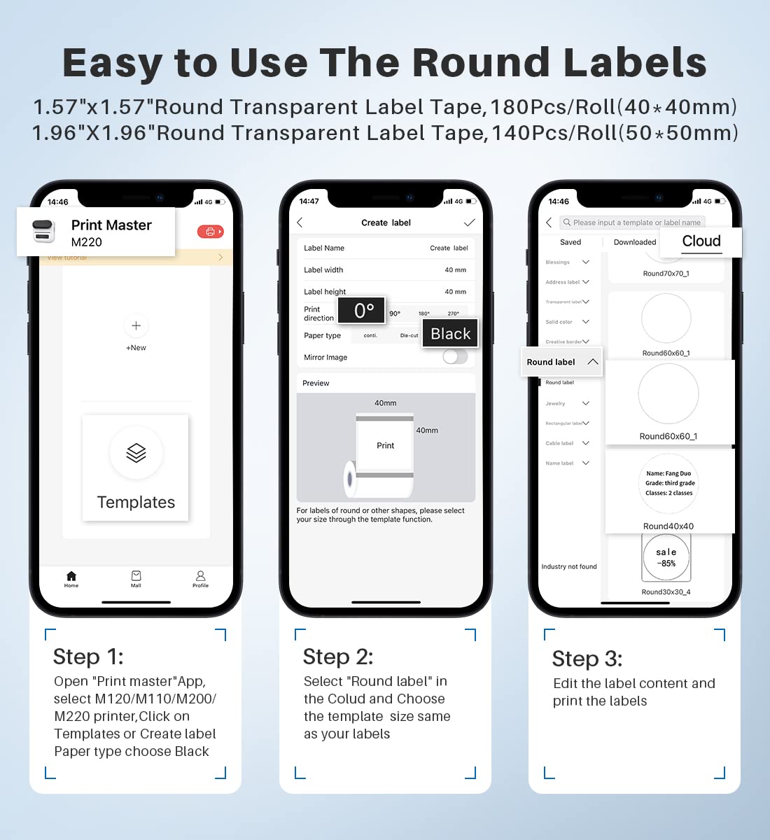 Phomemo Clear Round Labels 40x40mm Compatible with Phomemo M110, M120, M200 and M220 Label Printers for Packaging, Envelopes, Boxes and Gift Wrapping, 1 Roll