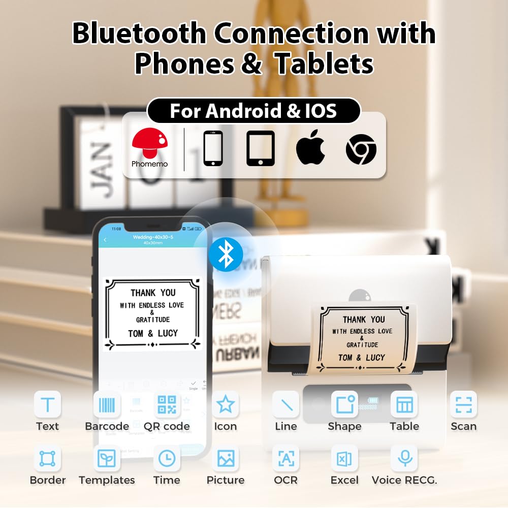 Phomemo Bluetooth Label Printer - M221 Label Maker Machine, Portable Thermal Label Printer, Rechargeable Label Maker Compatible with PC IOS Android,for Address,Barcode,Home,Office,with 3 Rolls Labels