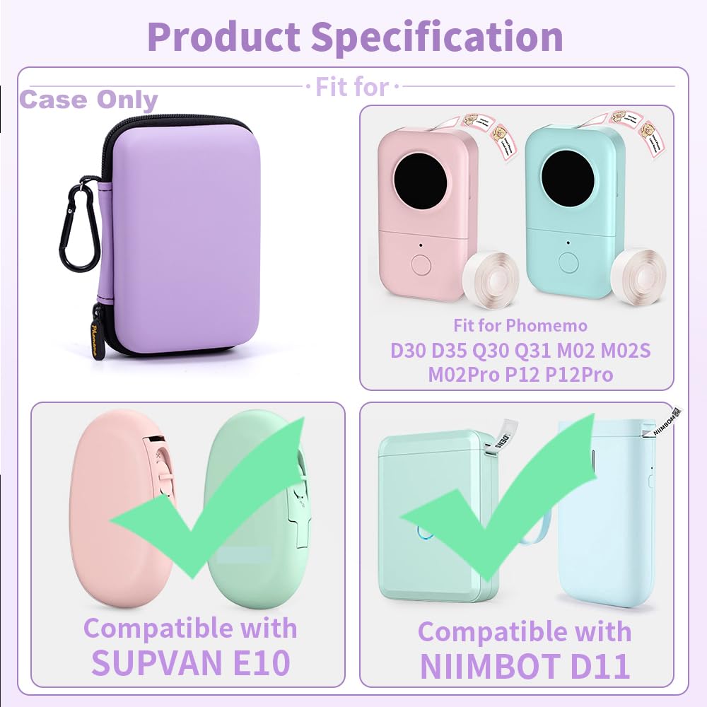 Phomemo D30 D35 Label Maker Machine Case Compatible with NiiMbot D11 D110 SUPVAN E10 Label Printer, Hard Carrying Container Storage Holder Organizer for Tape Roll, Charging Cable (Box Only)