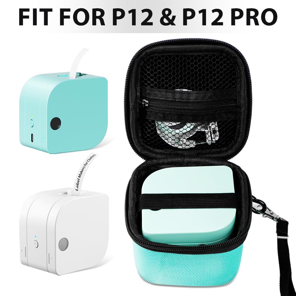 Phomemo P12 Case, Label Maker Case for P12 & P12 Pro Label Maker, Carrying Bag Storage for P12 Label Maker & Label Tapes, Easily Store Your Printer with Mesh Pocket for Cable Accessories, Green