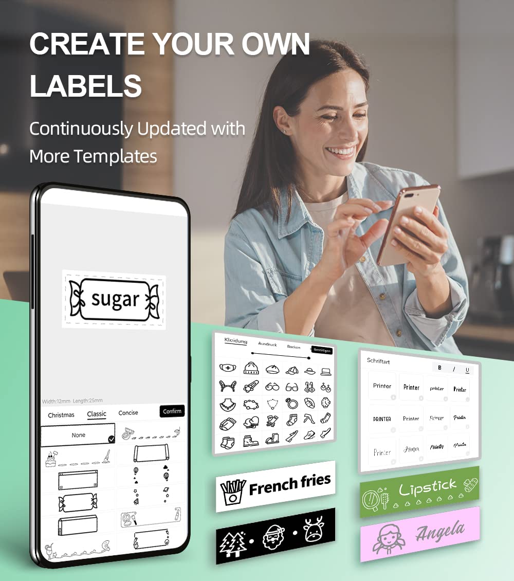 Phomemo P12 Etikettendrucker Bluetooth, Mini labelmaker Beschriftungsgerät selbstklebend, Thermo Etikettiergerät Kompatibel with iOS & Android, labeldrucker für Zuhause und das Büro-Dunkelgrün