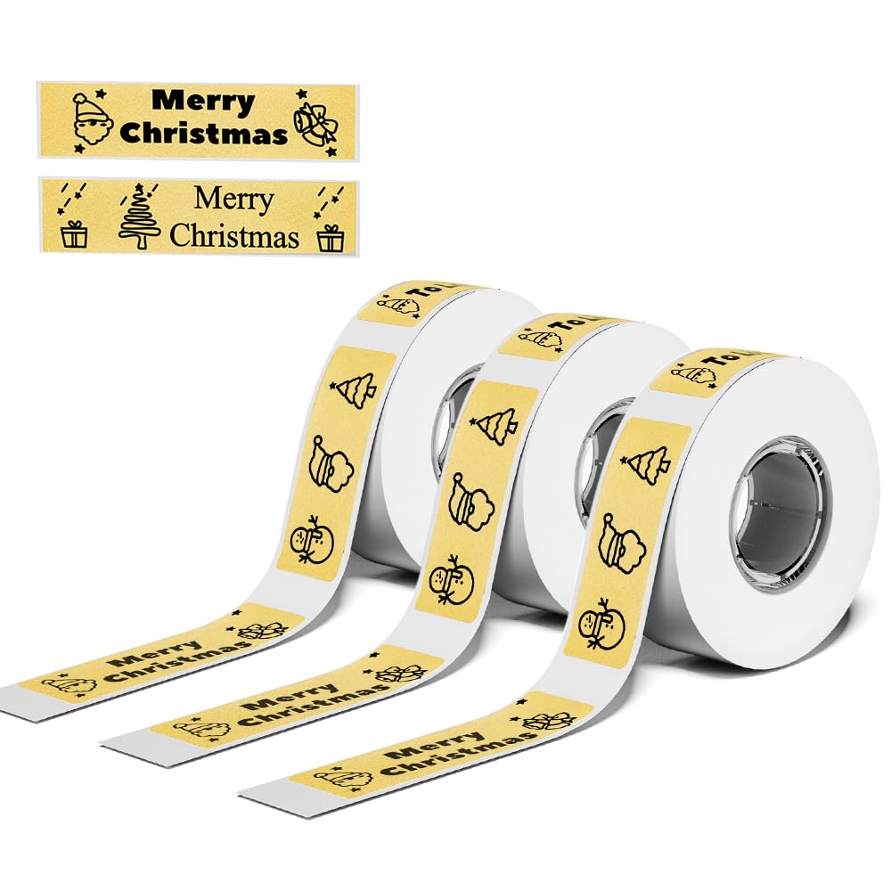 Phomermo D30 Label Maker Tape, Black on Glitter Transparent Gold Label Sticker Thermal Paper Self-Adhesive Label Tape, Pre-Cut 14mm x 40mm (1/2''x11/2'') 160 Tapes/Roll, 3 Rolls