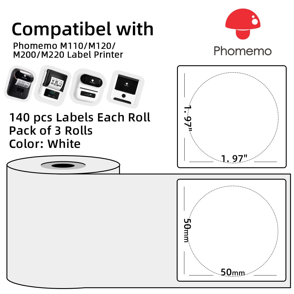 3 rollen van Phomemo Logo Sticker 2 inch ronde witte zelfklevende thermische etiketten papier voor Phomemo M110 M120 M220 Label Maker, gebruikt voor Logo afdrukken, huishoudelijke artikelen markering