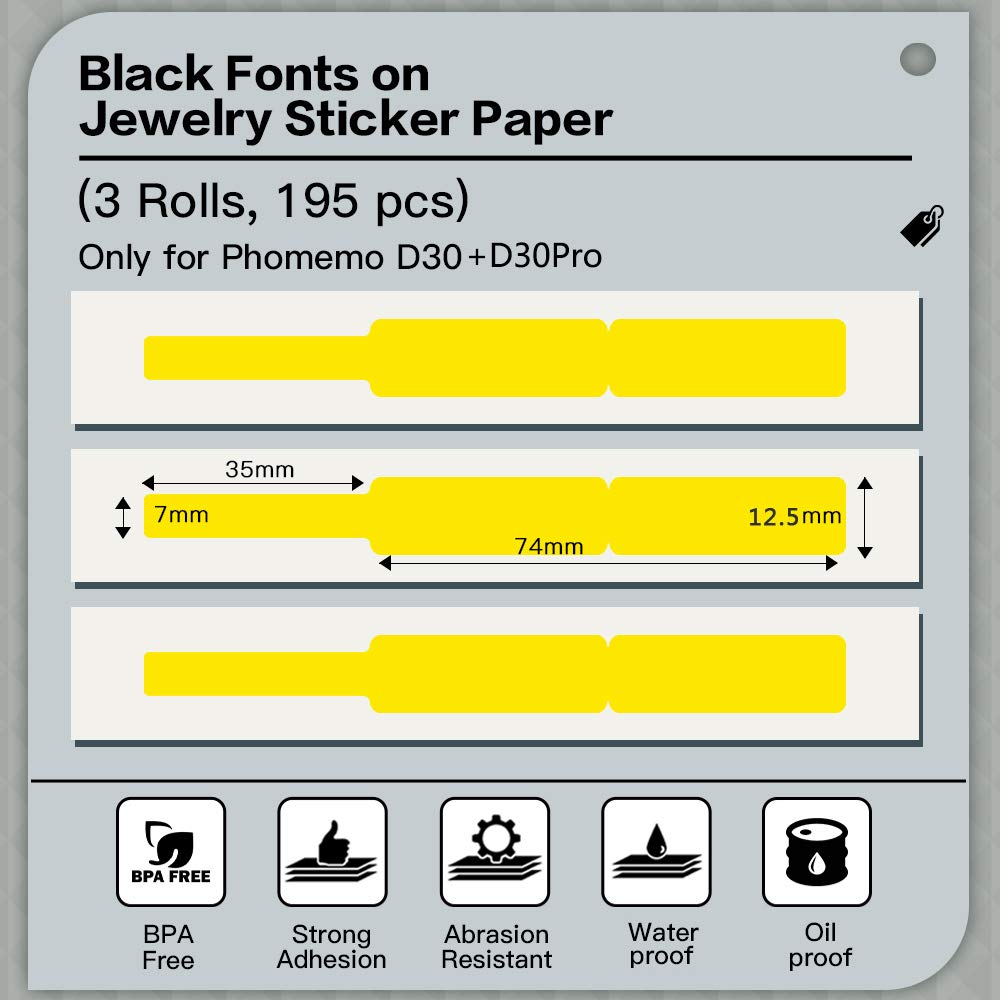 Phomemo D30 D30Pro Thermal Printer Paper, Jewelry Paper Cable Name Price Durability Classification for Bluetooth Printer 12.5 x 74cm (0.49 x 2.91 inch), 3 Rolls, Yellow