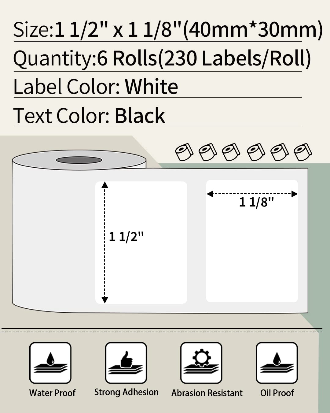 Phomemo 1.57''x1.18''(40x30mm) Label, 6 Rolls M110/M110S/M120/M200/M220 Thermal Paper - Multi-Purpose Square Self-Adhesive Label, 230 Labels/Roll, Black on White