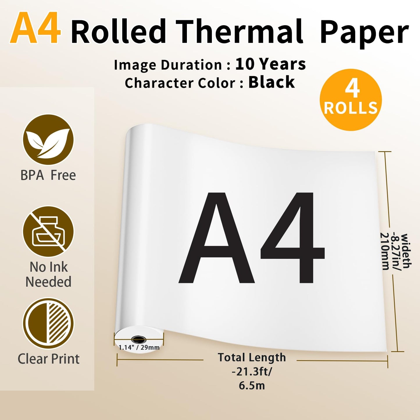 Phomemo A4 Thermal Paper, M832 Printer Paper, 8.27''x11.69'', Quick-Dry Continuous Thermal Paper, Compatible with M08F/M832/M834 MT810 and Other Portable Printer, Documents, Study Notes, 4 Rolls