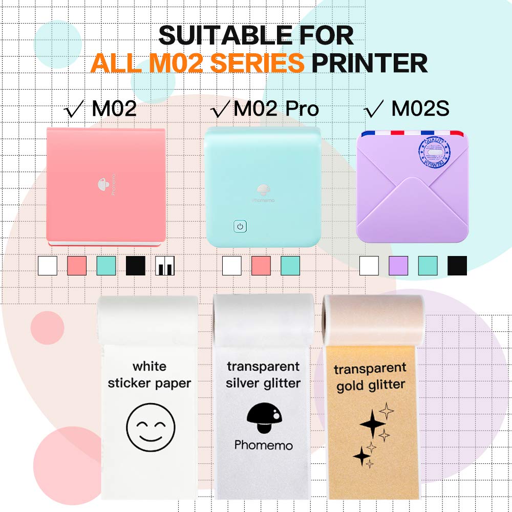 Phomemo Adhesive Thermal Sticker Paper, White/Gold Glitter/Silver Glitter Thermal Paper, for Phomemo M02/M02 Pro/M02S/M03 Bluetooth Thermal Pocket Printer, 50mm-53mm Width, 3.5m Length, 3 Roll