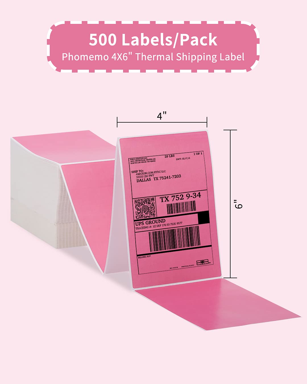 Phomemo 4x6 Thermoetikett, Thermoetikettendrucker Etikettenpapier Transportetikett Verpackungsetikett, kompatibel mit Rollo und allen anderen 4¡Á6 Etikettendruckern (500 rosa Faltetiketten)