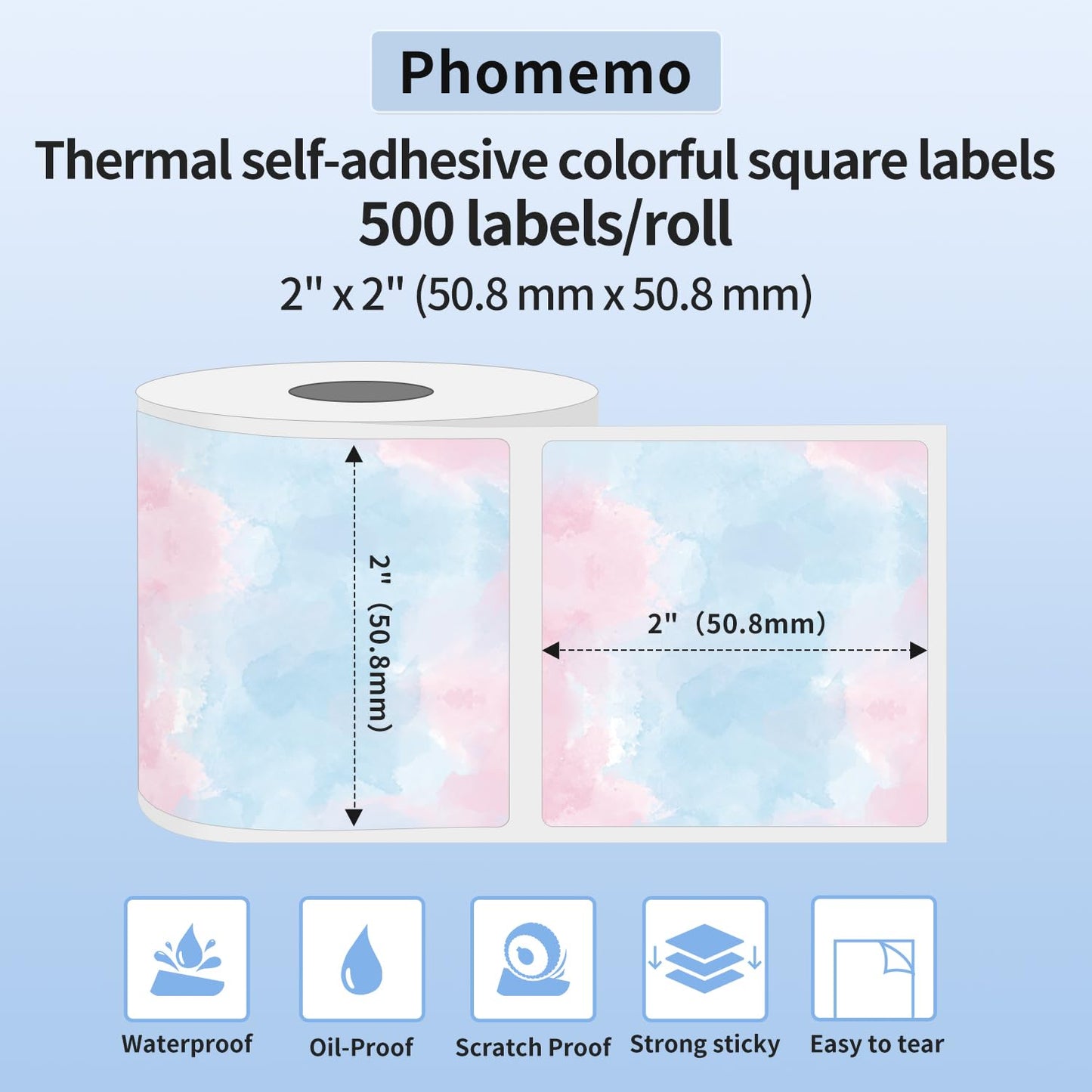 Phomemo Star Coloured Square ¨¦tiquettes thermiques autocollantes, 50 x 50 mm, 500 ¨¦tiquettes/rouleau d'¨¦tiquettes thermiques carr¨¦es rose ¨¦toil¨¦