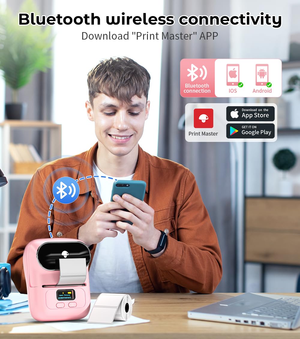 Label Maker Machine Phomemo M110, Label Printer for Small Business, Label Maker Machine with Tape for Barcode, Mailing, Clothing, Thermal Label Printer for Android & iOS, with 1 Roll Thermal Label